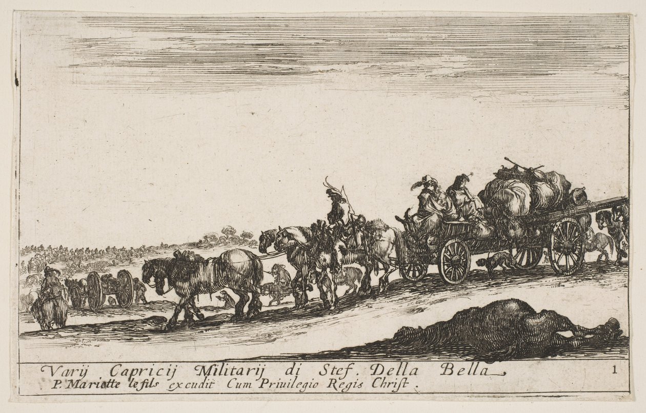 Levy 1: Hevoskärryt, jotka kuljettavat ihmisiä ja tavaroita, kuollut hevonen etualalla, f..., n. 1641. tekijältä Stefano della Bella