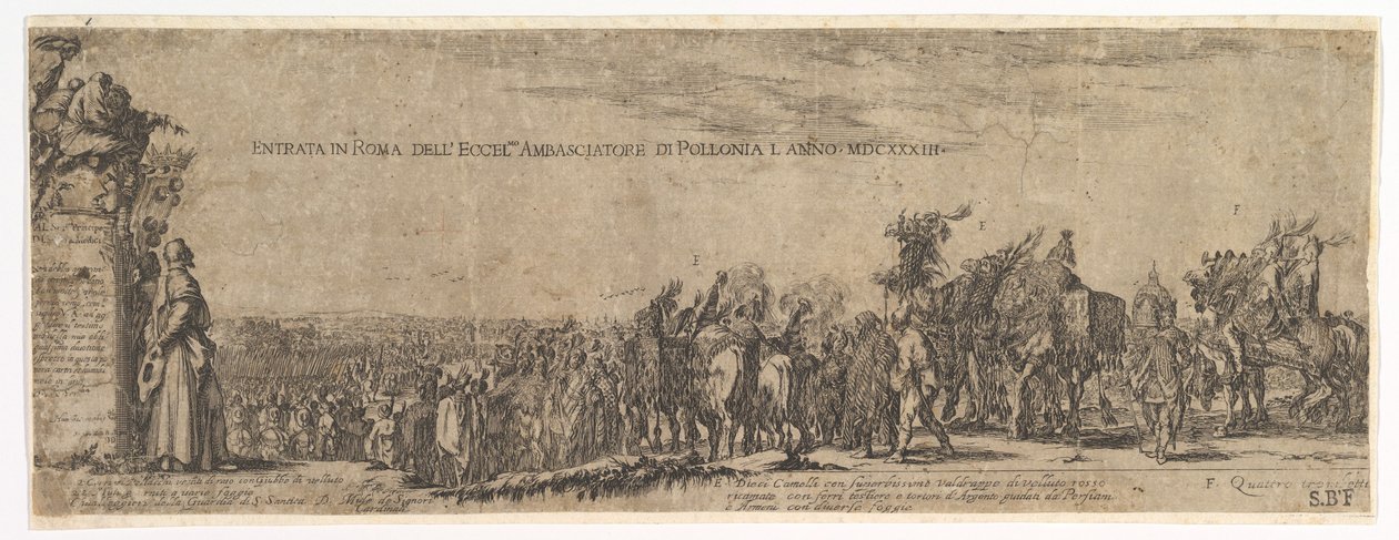 Levy 1: Puolan suurlähettilään sisäänkäynti Roomaan, Medicin vaakuna vasemmalla, 1633. tekijältä Stefano della Bella