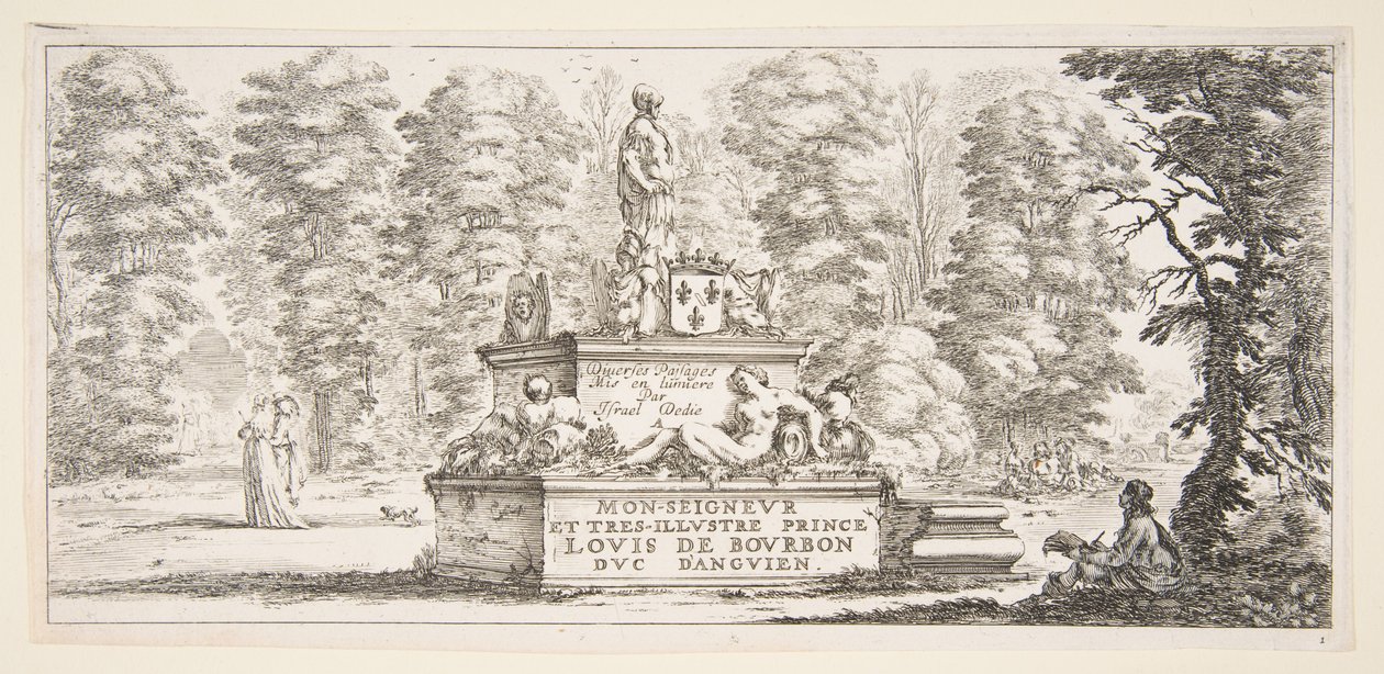 Kilpi 1: monumentti patsaineen ja vaakuna keskellä, piirtäjä..., n. 1643. tekijältä Stefano della Bella