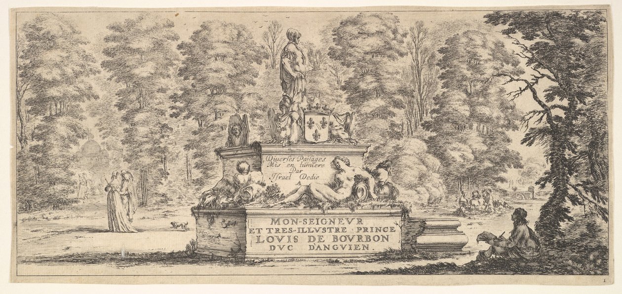 Kilpi 1: monumentti patsaineen ja vaakuna keskellä, piirtäjä..., n. 1641. tekijältä Stefano della Bella