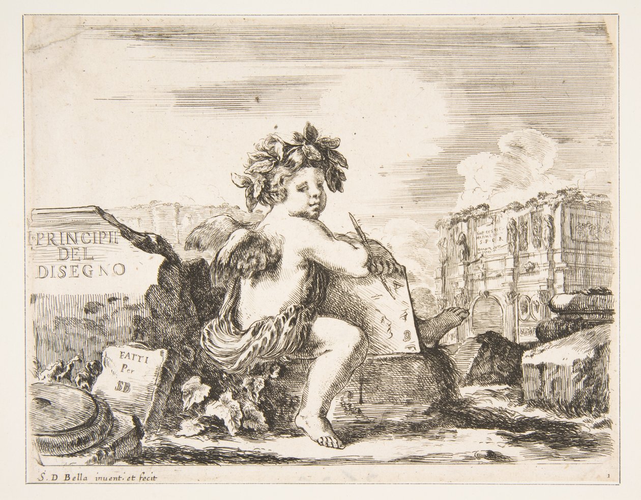 Levy 1: piirtämisen nero, siivekäs lapsi, joka istuu kivellä keskikäännöksessä..., n. 1641-43. tekijältä Stefano della Bella