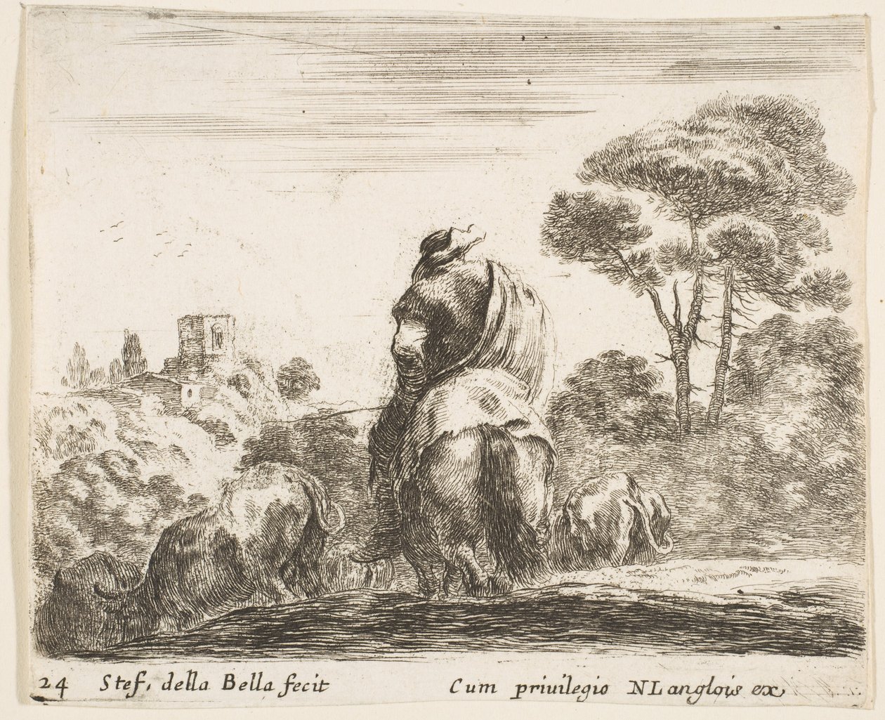 Levy 24: paimen hevosen huipulla takaa katsottuna kuljettaa karjansa alas mäkeä, ..., n. 1644-47. tekijältä Stefano della Bella