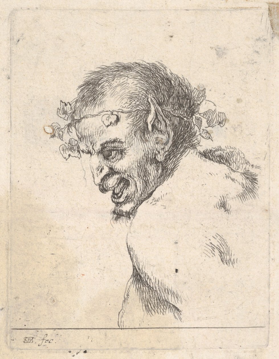 Levy 29: Nauravan satyyrin rintakuva, vasemmalle päin, julkaisusta "Eri muotokuvat" ..., n. 1647. tekijältä Stefano della Bella