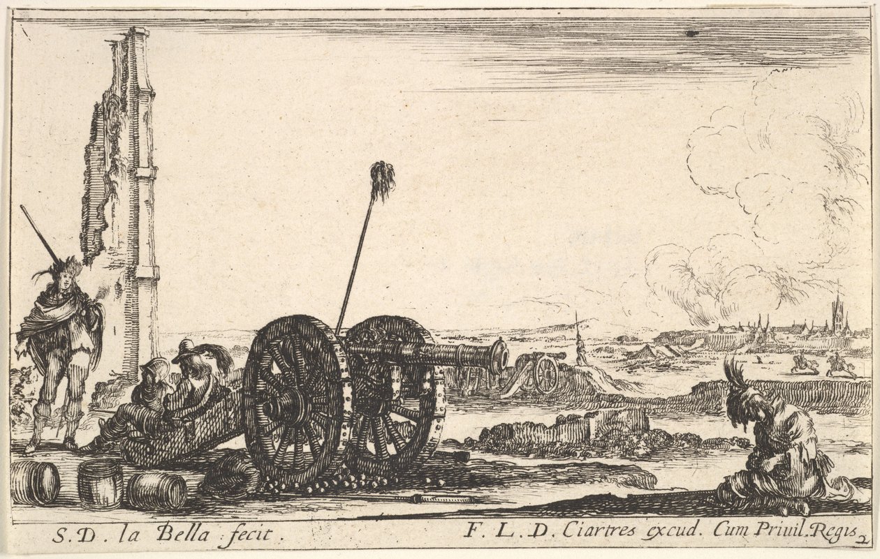 Levy 2: Tykki vasemmalla, kaupunki taustalla, Various Military Capricista..., n. 1641. tekijältä Stefano della Bella