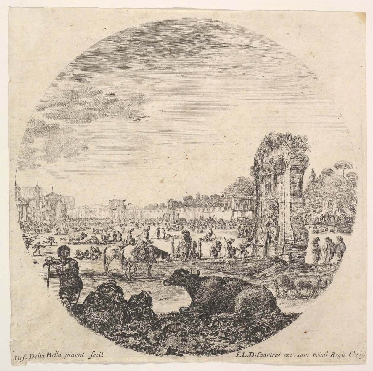 Levy 2: Campo Vaccino, puhveli ja kaksi paimenta keskellä, Fontanone laitteelle..., n. 1643-48. tekijältä Stefano della Bella