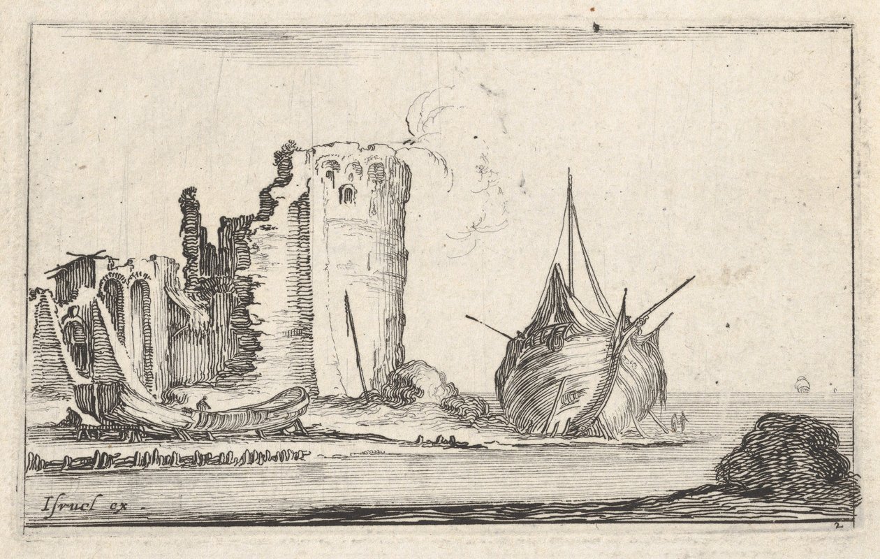 Levy 2: oikealla laiva ja vasemmalla soutuvene, rantaan upotettu, torni raunioina b..., n. 1642. tekijältä Stefano della Bella