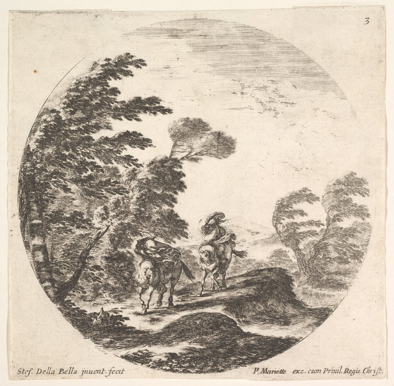 Levy 3: myrsky metsässä, kaksi hevosmiestä pukeutuneena viikoihinsa, tuuli puhaltaa..., n. 1643-48. tekijältä Stefano della Bella