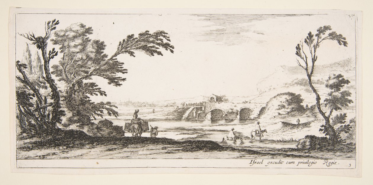 Levy 3: kaksi ratsumiestä ylittämässä jokea oikealle, nainen kahdella korilla aasin päällä..., n. 1641. tekijältä Stefano della Bella
