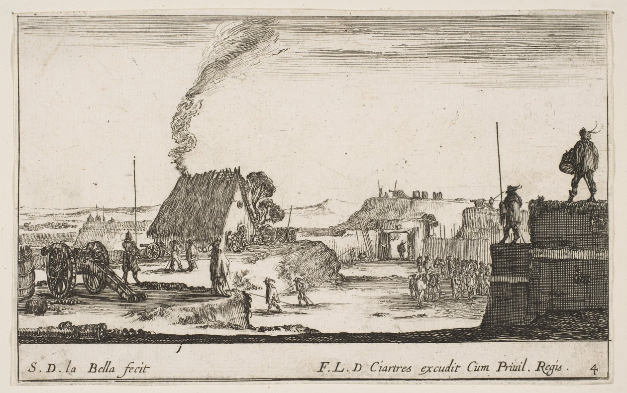 Levy 4: Sotilasleiri, jossa sotilas seisoo kaiteen päällä oikealla..., n. 1641. tekijältä Stefano della Bella