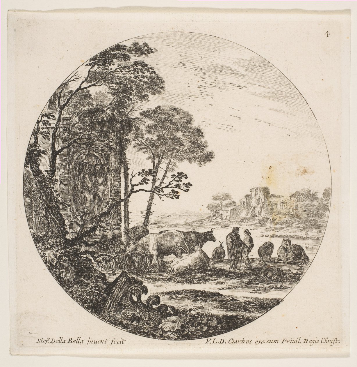 Levy 4: Korintin pääkaupunki maassa vasemmalla, monumentti hahmoineen matalalla..., n. 1646. tekijältä Stefano della Bella