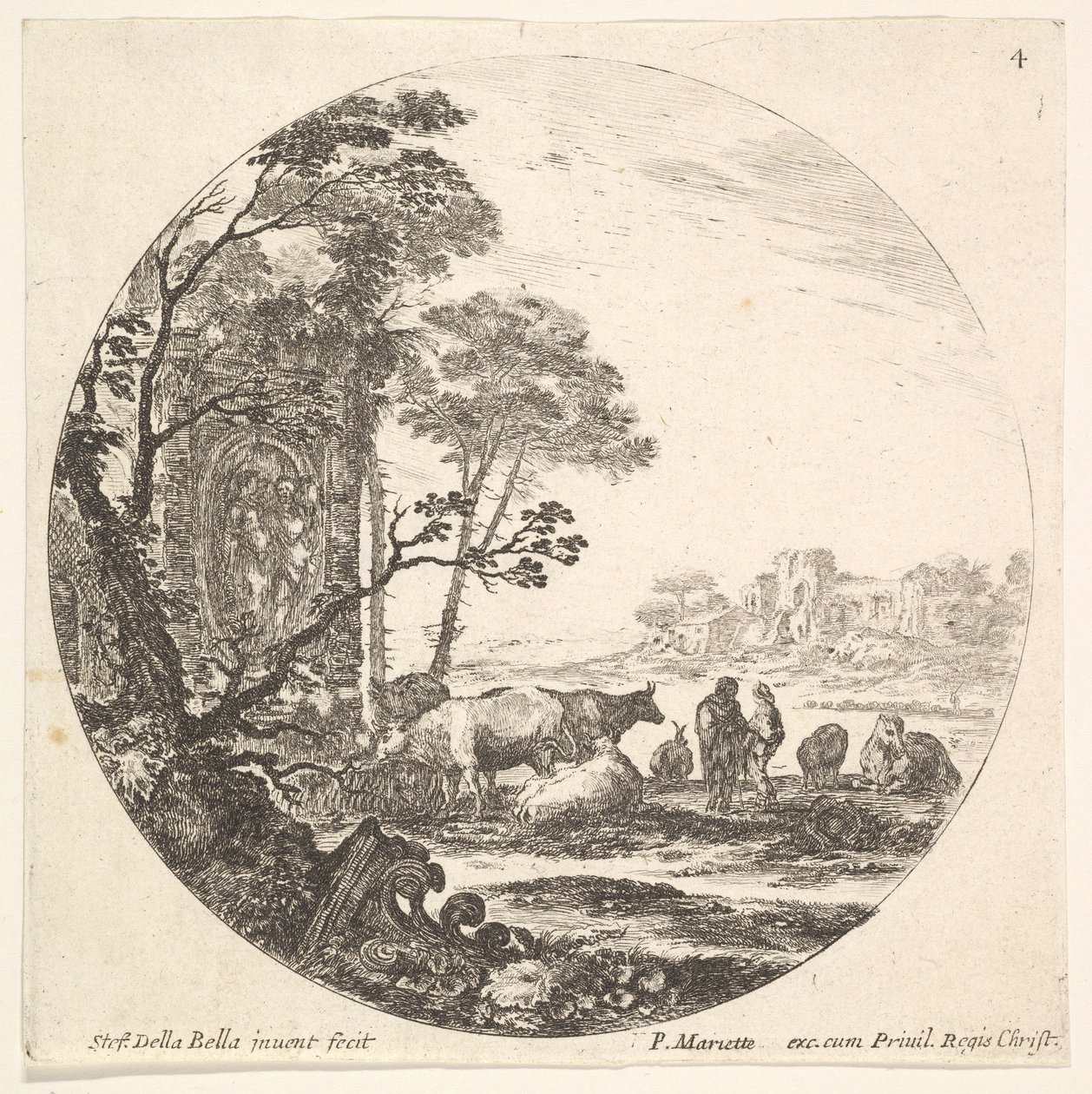 Levy 4: Korintin pääkaupunki maassa vasemmalla etualalla, muistomerkki, n. 1643-48. tekijältä Stefano della Bella