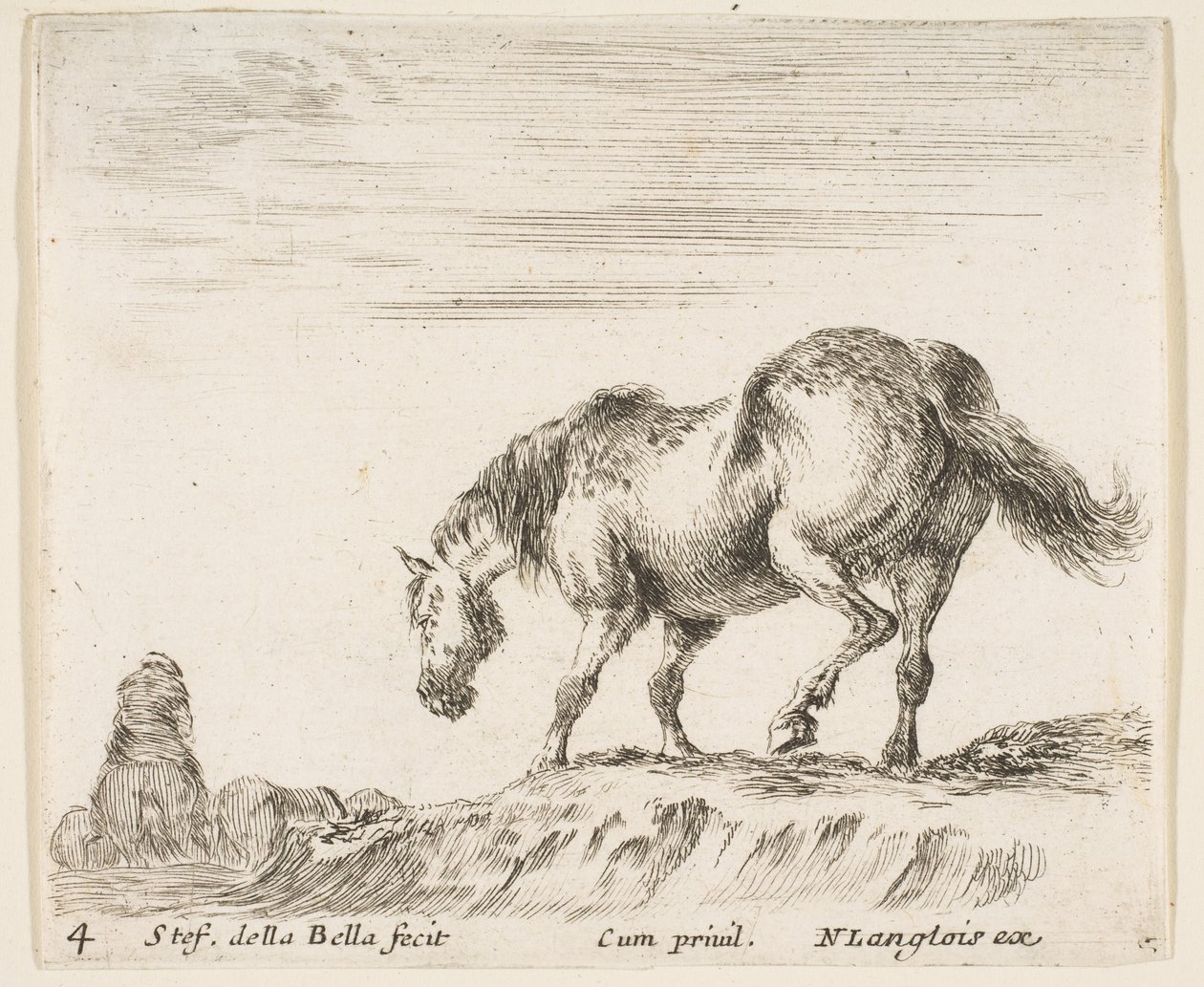 Levy 4: hevonen profiilissa vasemmalle, laskeutumassa kukkulasta, hevonen..., n. 1644-47. tekijältä Stefano della Bella