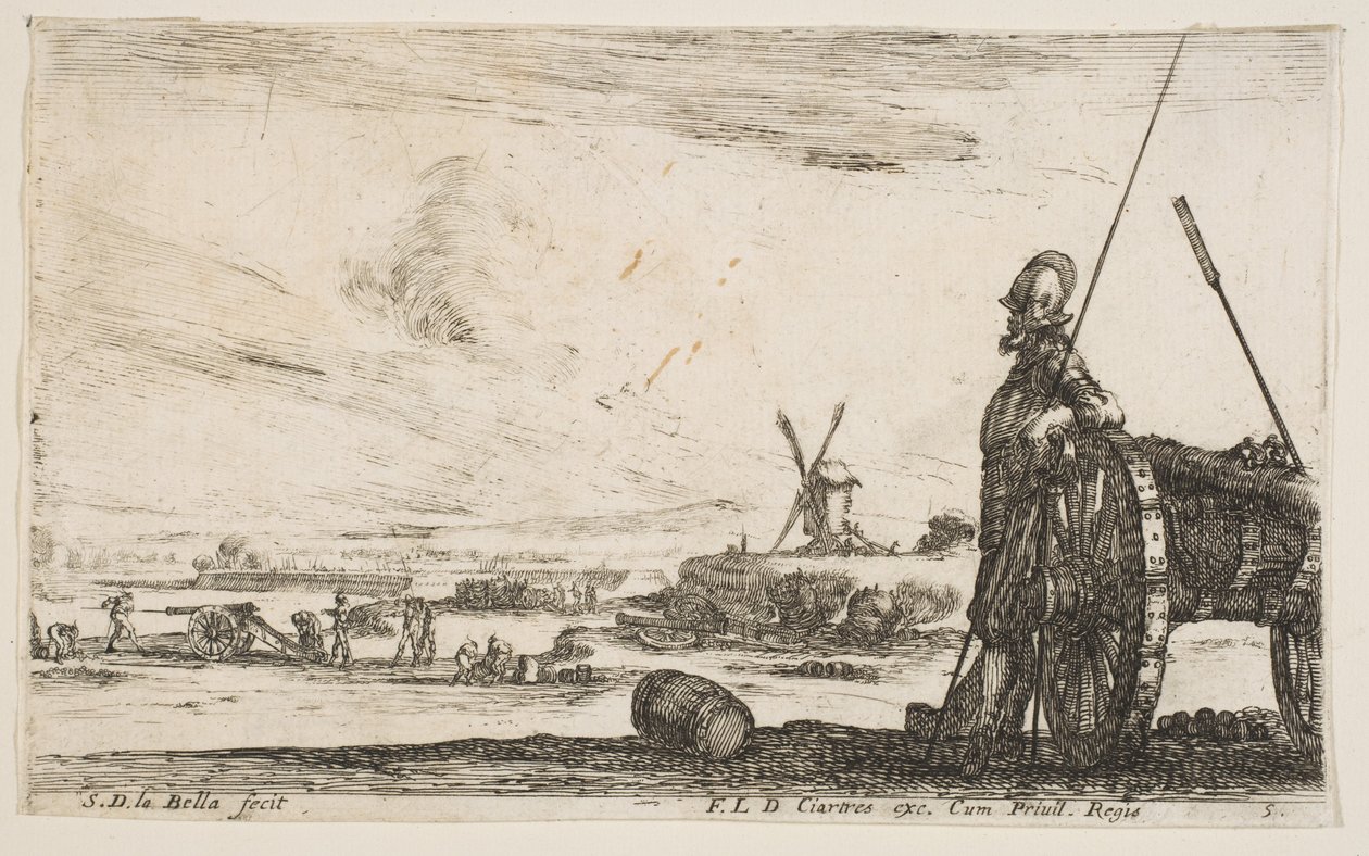 Levy 5: Pikeman seisoo aivan tykin vieressä, muita sotilashahmoja..., n. 1641. tekijältä Stefano della Bella