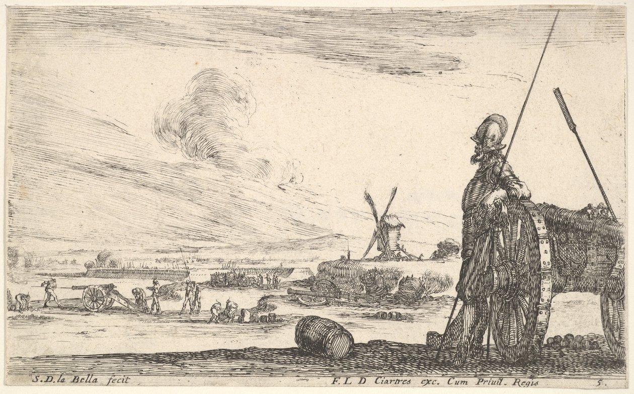 Levy 5: Pikeman seisoo aivan kanonin vieressä, muita sotilashahmoja ba..., n. 1641. tekijältä Stefano della Bella