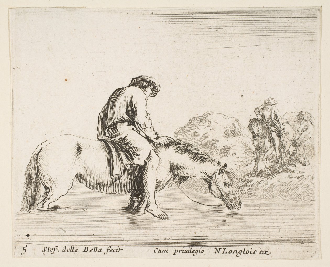 Levy 5: paljasjalkainen talonpoika hevosella ylittämässä jokea, toinen talonpoika hevosella..., n. 1644-47. tekijältä Stefano della Bella