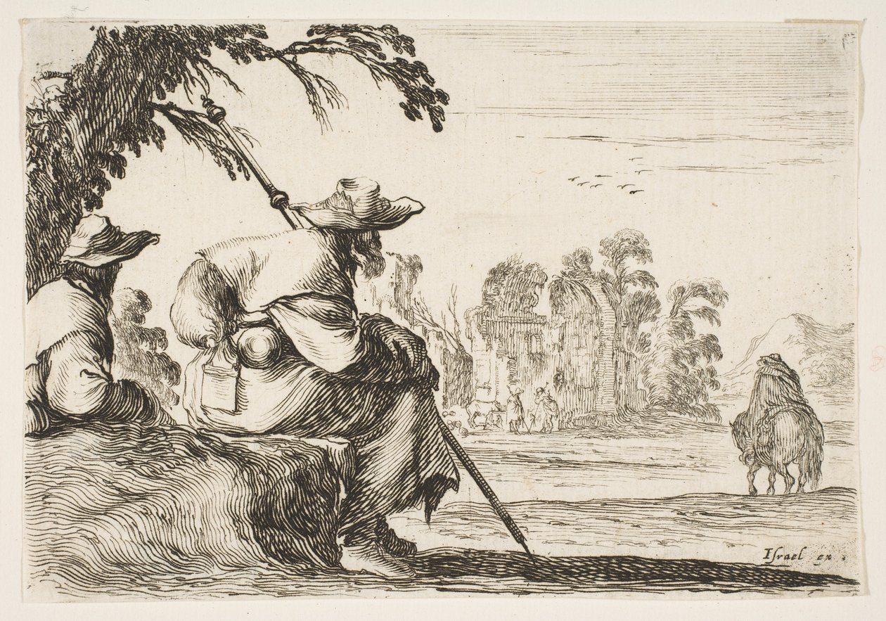 Levy 5: Kaksi hattuista pyhiinvaeltajaa lepää vasemmalla, takaa katsottuna, ratsastaja ratsastaa kohti..., 1642. tekijältä Stefano della Bella
