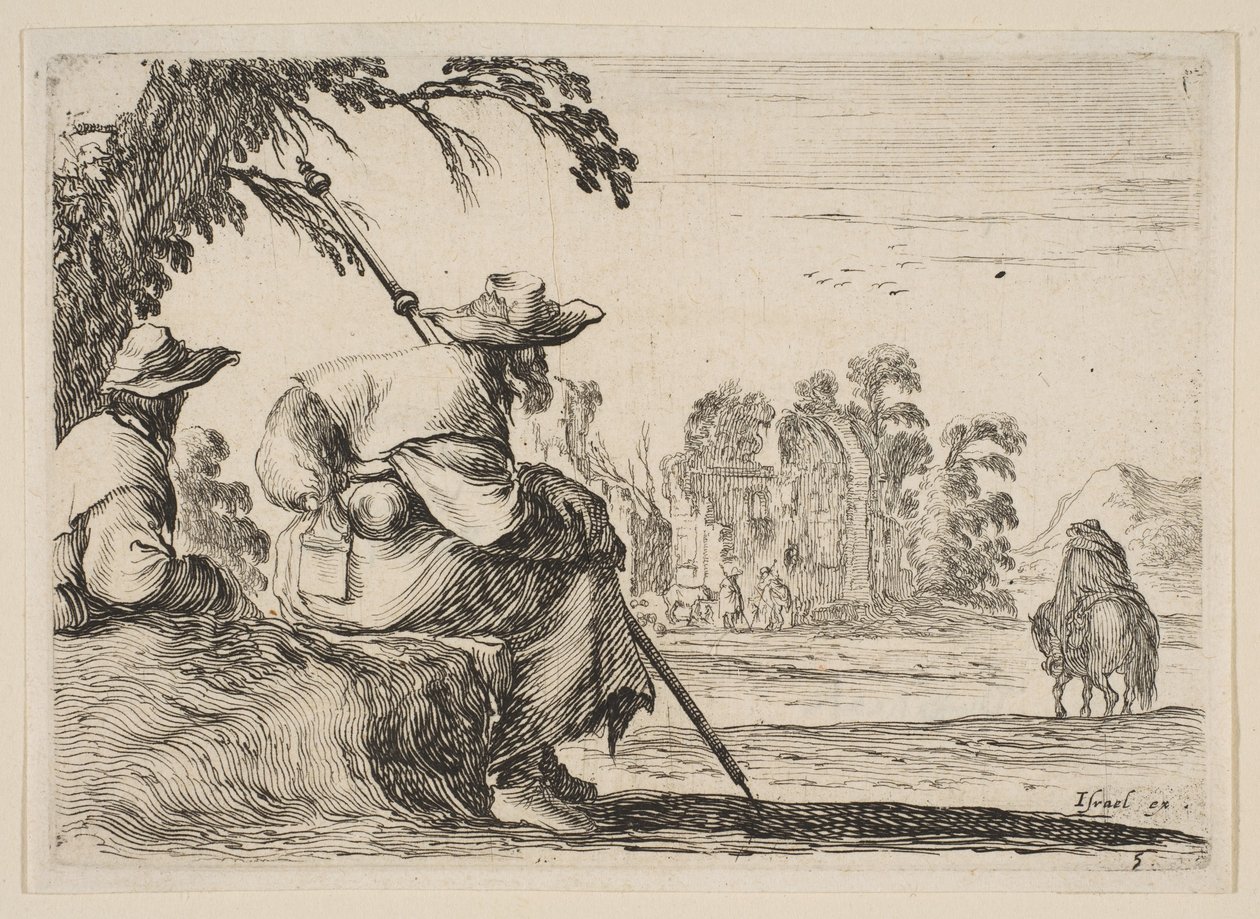 Levy 5: Kaksi hattuista pyhiinvaeltajaa lepää vasemmalla, takaa katsottuna, ratsastaja ratsastaa kohti..., 1642. tekijältä Stefano della Bella