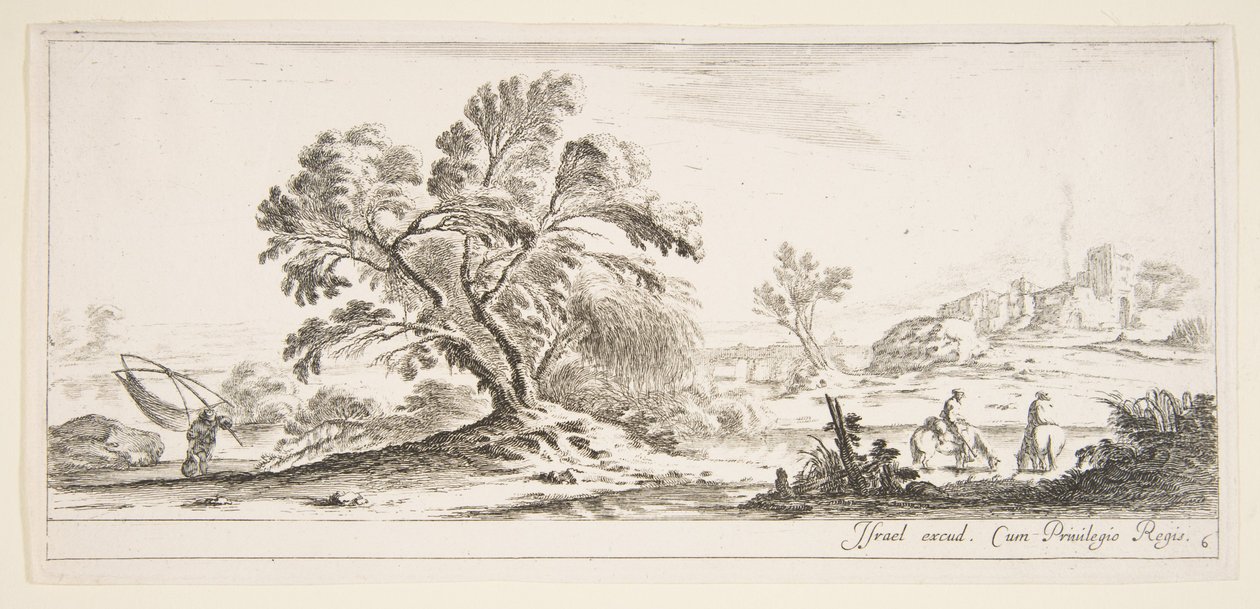 Levy 6: kalastaja kantamassa verkkoa vasemmalla, kaksi hevosmiestä purossa oikealla, puu..., n. 1641. tekijältä Stefano della Bella