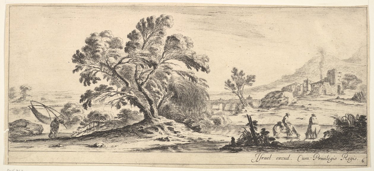 Levy 6: kalastaja kantamassa verkkoa vasemmalla, kaksi hevosmiestä purossa oikealla, puu..., n. 1641. tekijältä Stefano della Bella