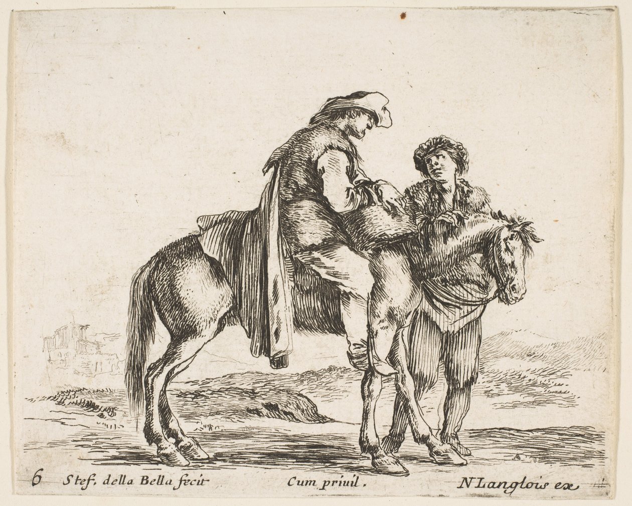 Levy 6: talonpoika hevosen selässä profiilissa oikealle, kädessään kori ja t..., n. 1644-47. tekijältä Stefano della Bella