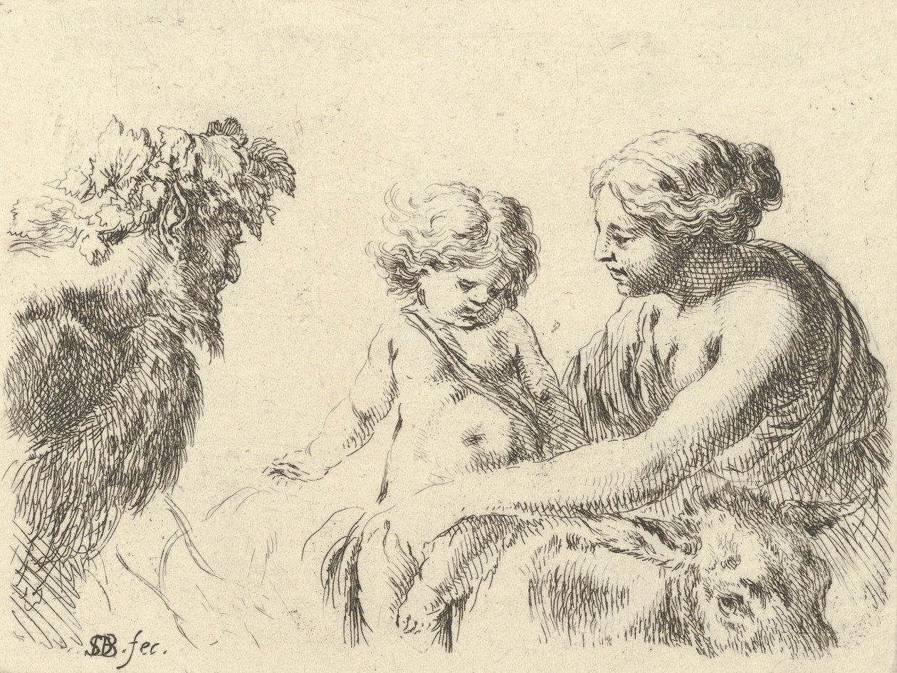 Levy 6: nainen oikealla pitelee lastaan, joka istuu aasin huipulla, satyr l..., n. 1646. tekijältä Stefano della Bella