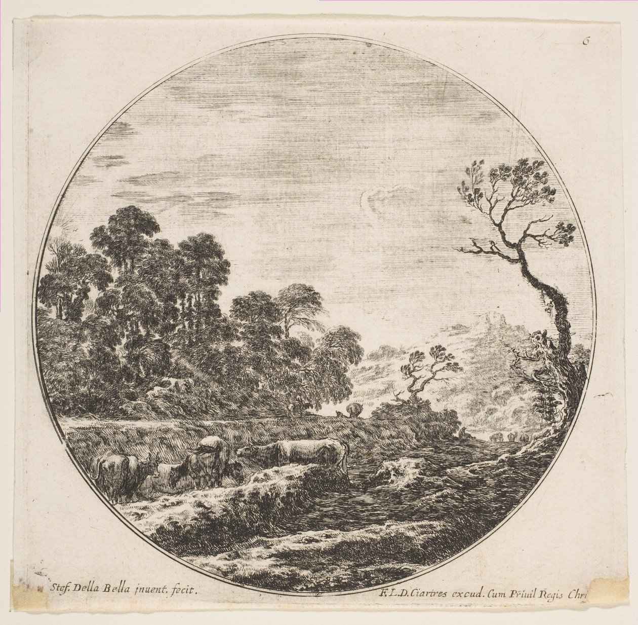 Taulu 6: lehmät ylittävät laakson vasemmalla, hevosmies ja muut lehmät taustalla..., n. 1646. tekijältä Stefano della Bella