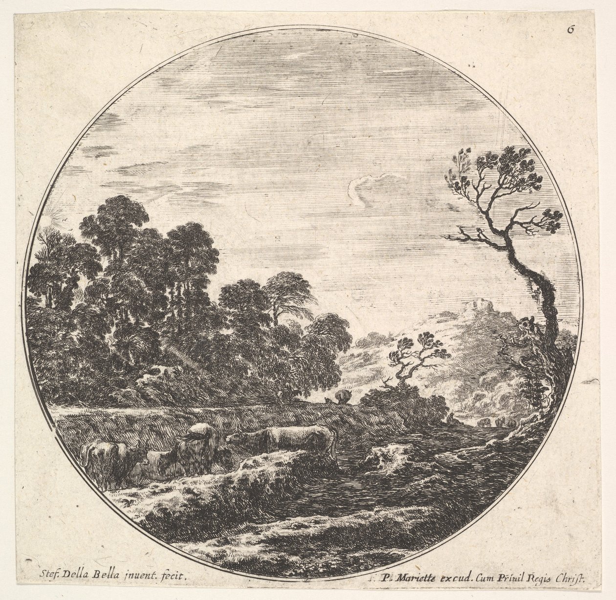 Taulu 6: lehmät ylittävät laakson vasemmalla, puuryhmä vasemmalla, ratsumies ja o..., n. 1643-48. tekijältä Stefano della Bella