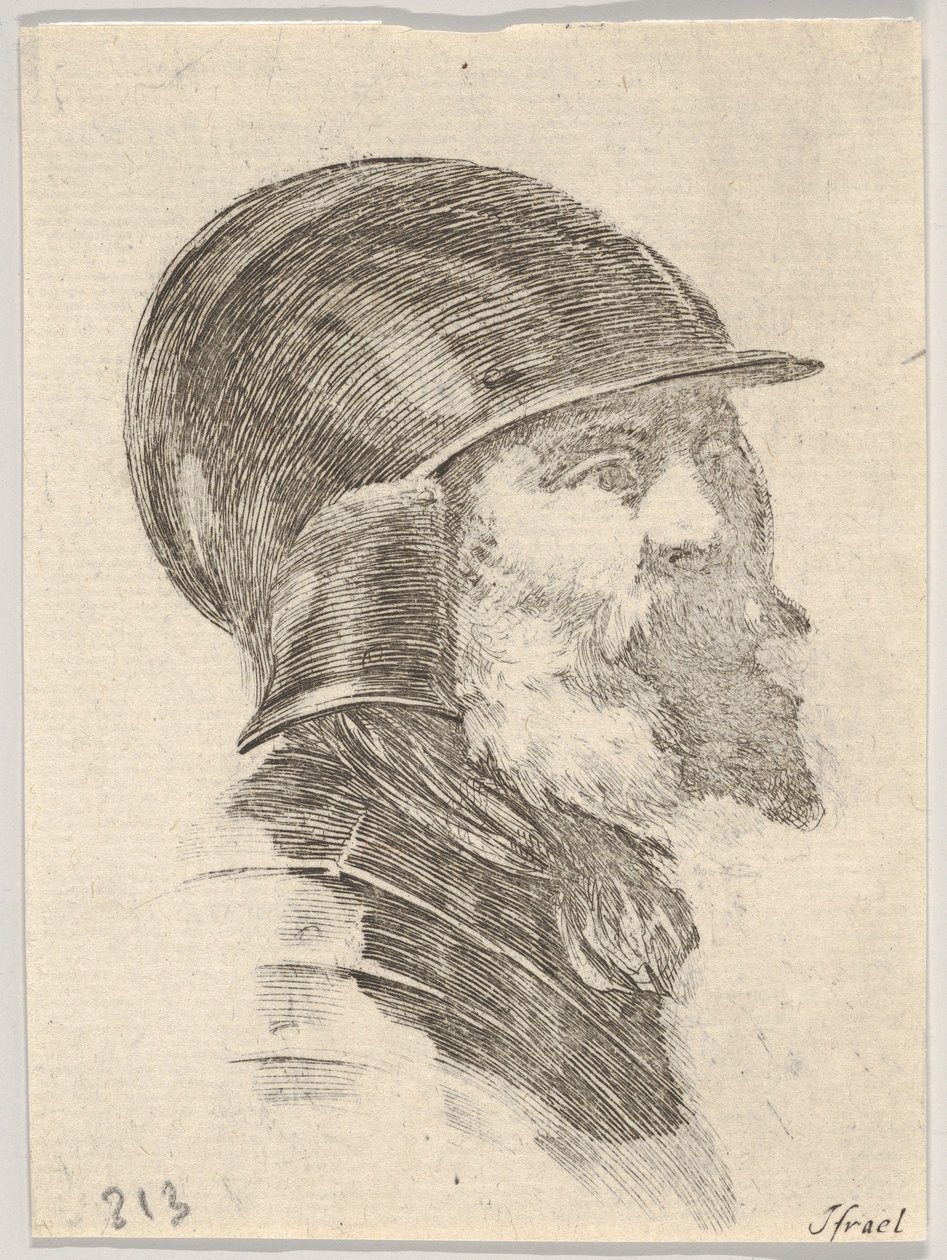 Levy 6: kypärää käyttävän vanhan parrakkaan sotilaan pää oikealle, Various heads..., 1650. tekijältä Stefano della Bella