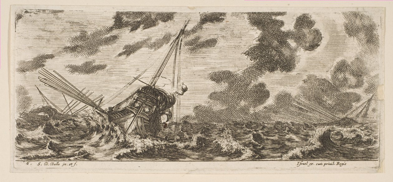 Levy 6: kolme alusta myrskyssä, Various Embarkations Diversin panoksia, n. 1646-47. tekijältä Stefano della Bella
