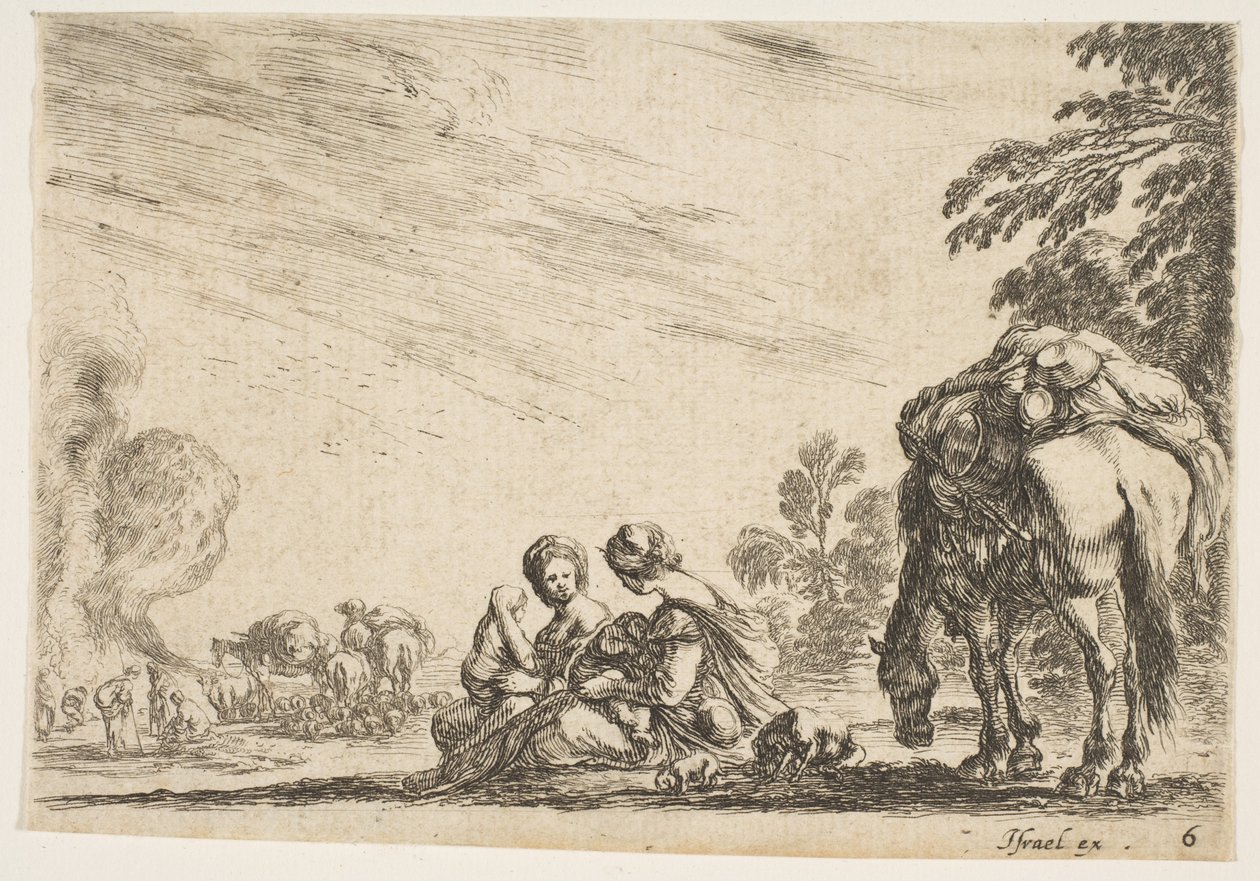 Kilpi 6: kaksi naista, joista toinen imettää lasta, istuu koiran ja laumaa kantavan hevosen vieressä..., 1642. tekijältä Stefano della Bella