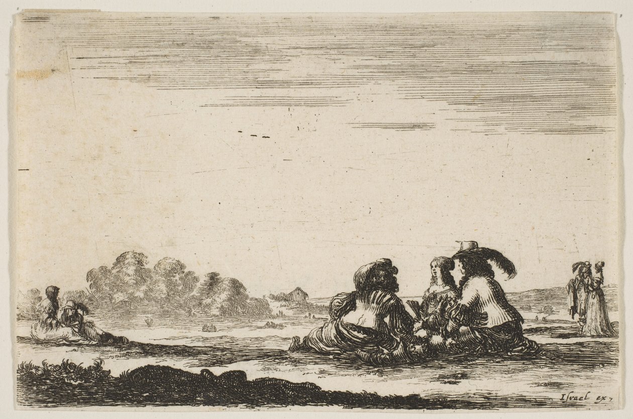 Levy 7: Kaksi aatelismiestä istuvat keskellä, takaa katsottuna, keskustelemassa aatelisnaisen meren kanssa..., 1642. tekijältä Stefano della Bella