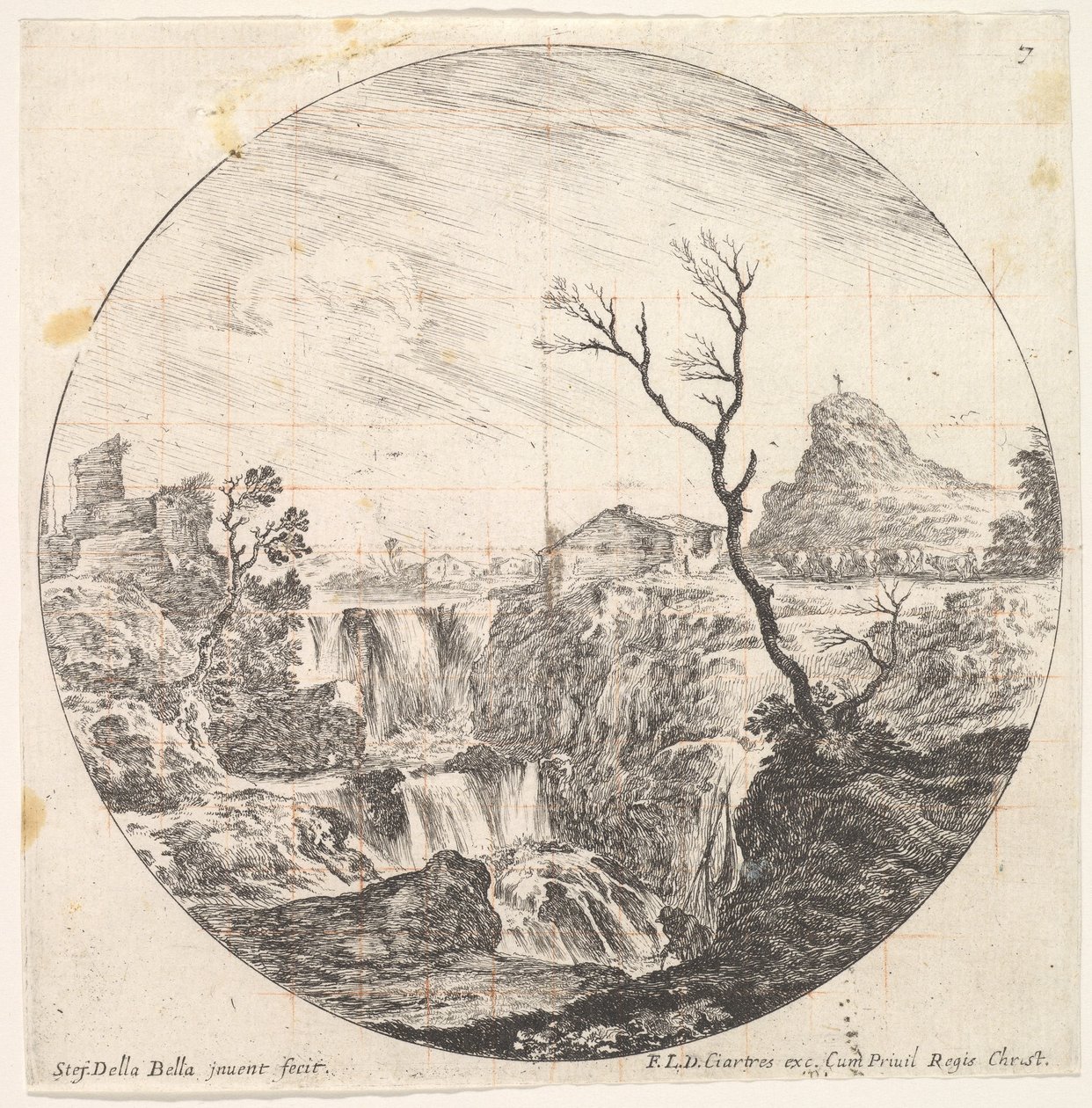 Levy 7: kolminkertainen vesiputous, kuollut puu oikealla, vuori ja lehmälauma..., noin. 1643-48. tekijältä Stefano della Bella