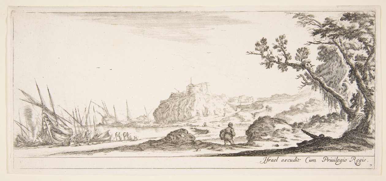 Levy 7: erilaisia veneitä rannalla vasemmalla, mies kantaa laukkua, takaa katsottuna ja v..., n. 1641. tekijältä Stefano della Bella