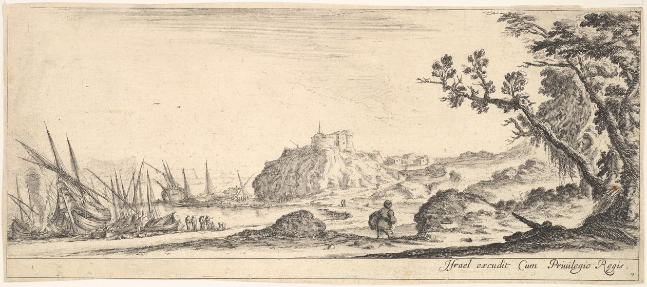 Levy 7: erilaisia veneitä rannalla vasemmalla, mies kantaa laukkua, takaa katsottuna ja v..., n. 1641. tekijältä Stefano della Bella
