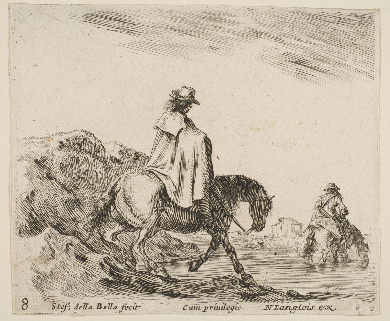 Levy 8: ratsastaja laskeutuu joen rantaan, toinen ratsumies joessa oikealle, alkaen ..., n. 1644-47. tekijältä Stefano della Bella