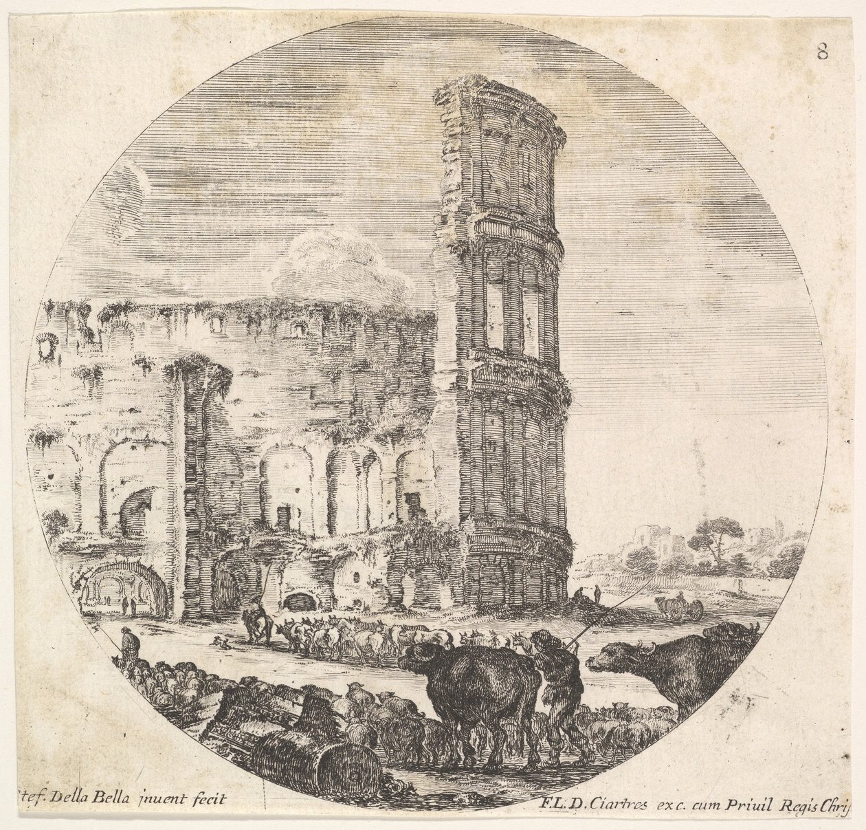 Levy 8: Colosseum, kaksi laumaa suunnattu amfiteatteriin fo..., n. 1643-48. tekijältä Stefano della Bella