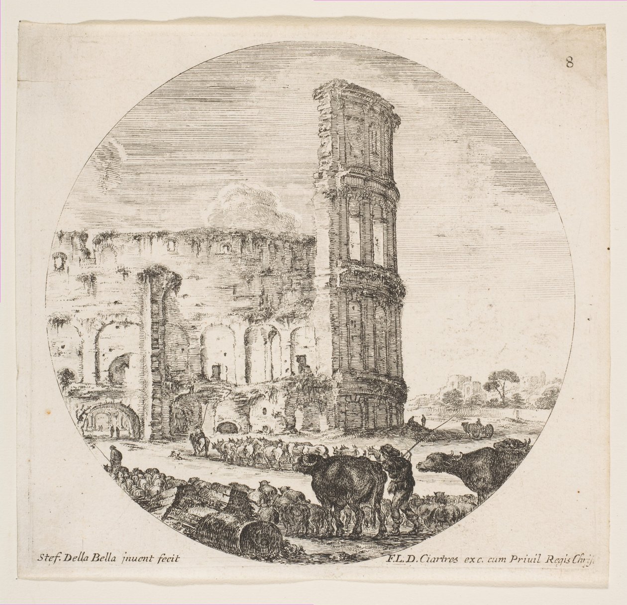 Levy 8: Colosseum, kaksi laumaa suunnattu amfiteatteriin etualalla..., n. 1646. tekijältä Stefano della Bella