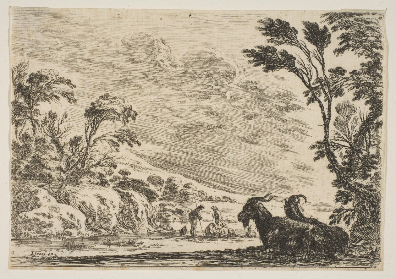 Levy 9: Kaksi vuohia lepäämässä oikealle, käännettynä vasemmalle, neljä miestä ja hevonen ri..., 1642. tekijältä Stefano della Bella