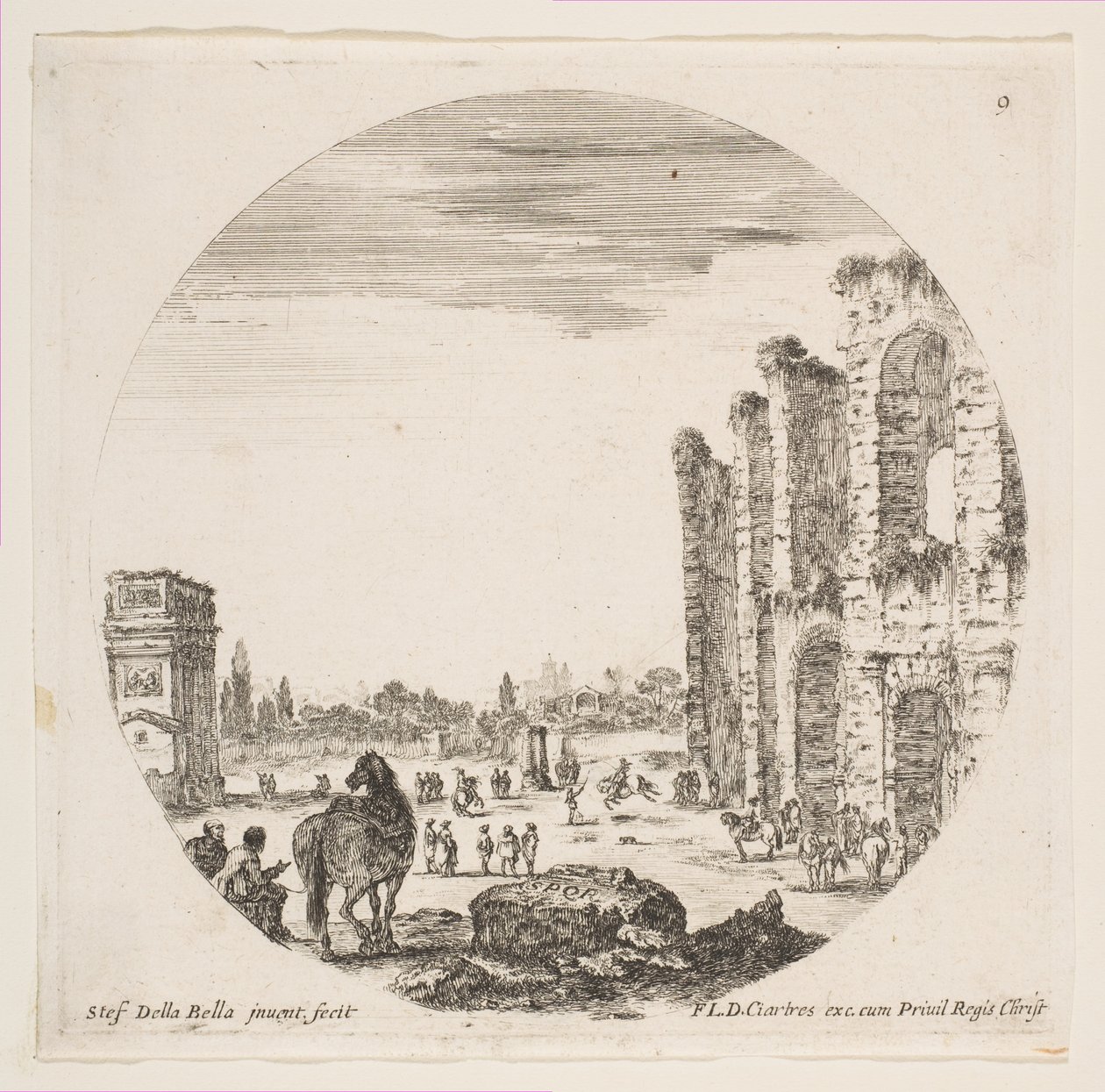 Levy 9: Konstantinuksen kaari vasemmalla, osa Colosseumia oikealla, erilaisia hors..., n. 1646. tekijältä Stefano della Bella