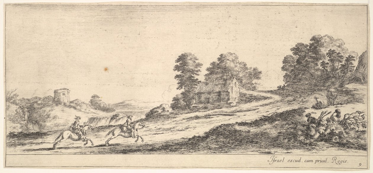 Levy 9: kaksi ratsumiestä vasemmalla laukkaamassa ylämäkeen oikealle, hevonen ja istuva m..., n. 1641. tekijältä Stefano della Bella