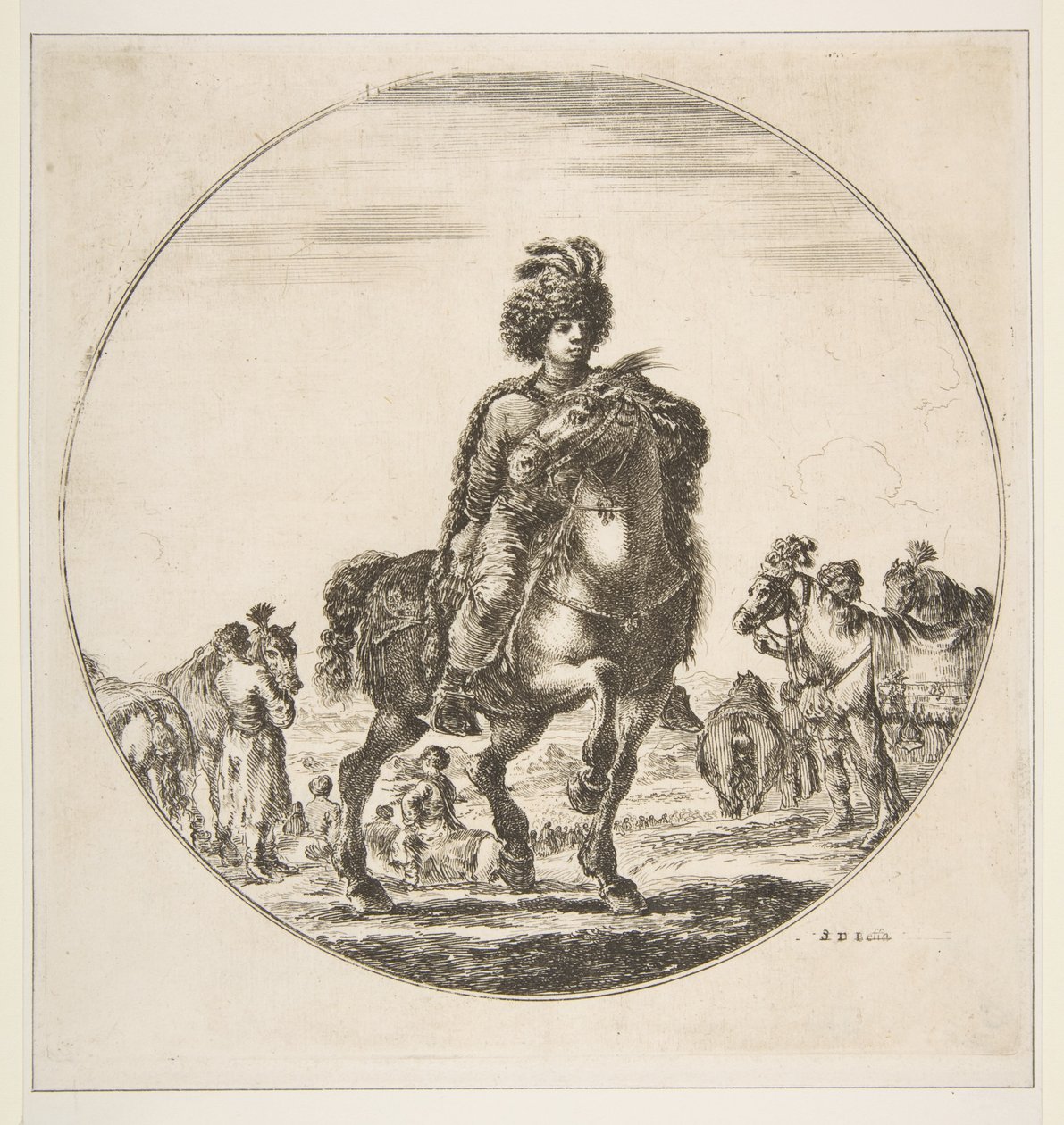 Puolalainen ratsumies oikealle, pyöreä sommitelma, Figuures on Horseback Cav..., n. 1651. tekijältä Stefano della Bella