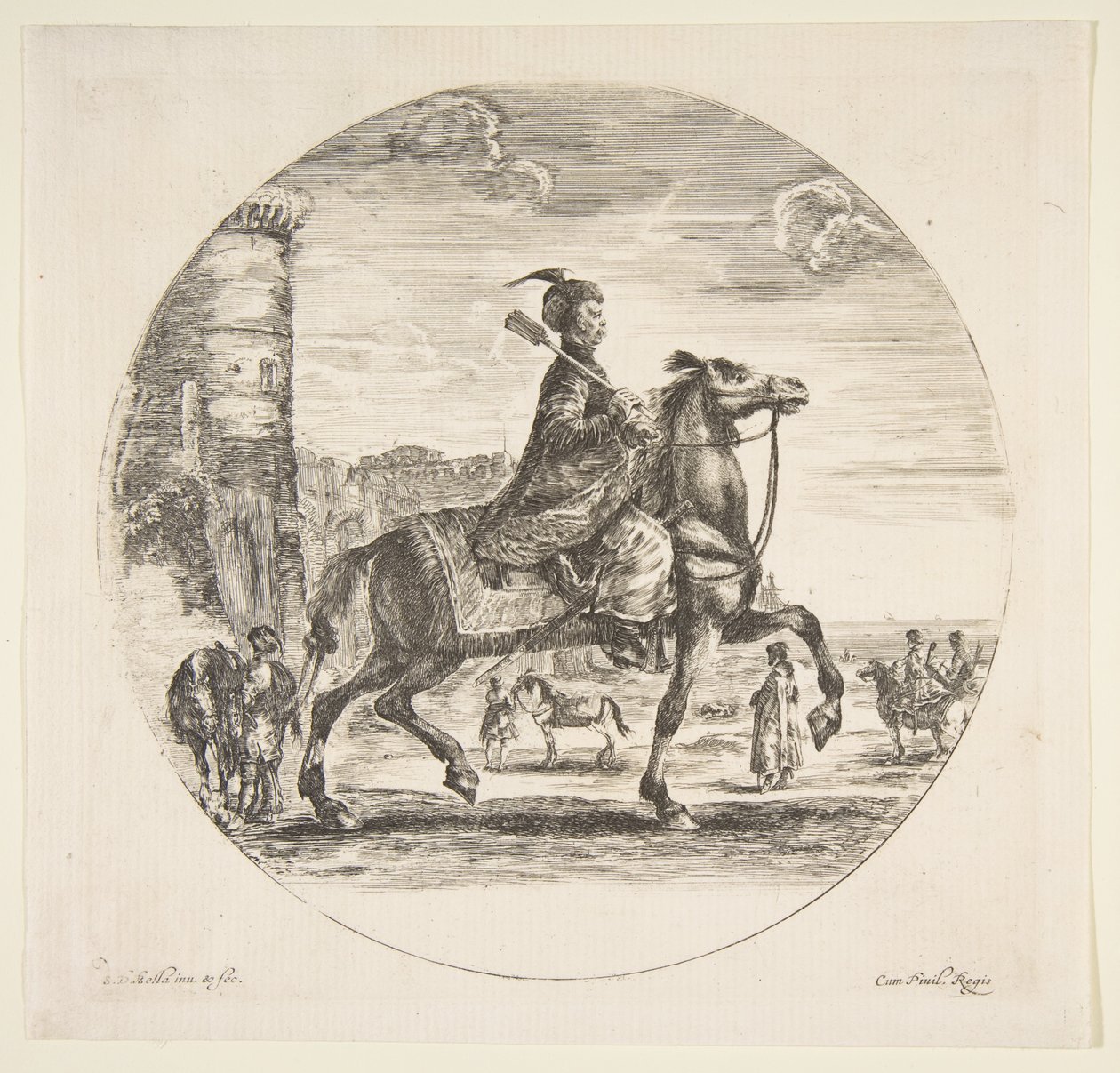 Puolalainen ratsumies profiilissa oikealle, torni ja muita hahmoja hevosilla taustalla..., n. 1651. tekijältä Stefano della Bella