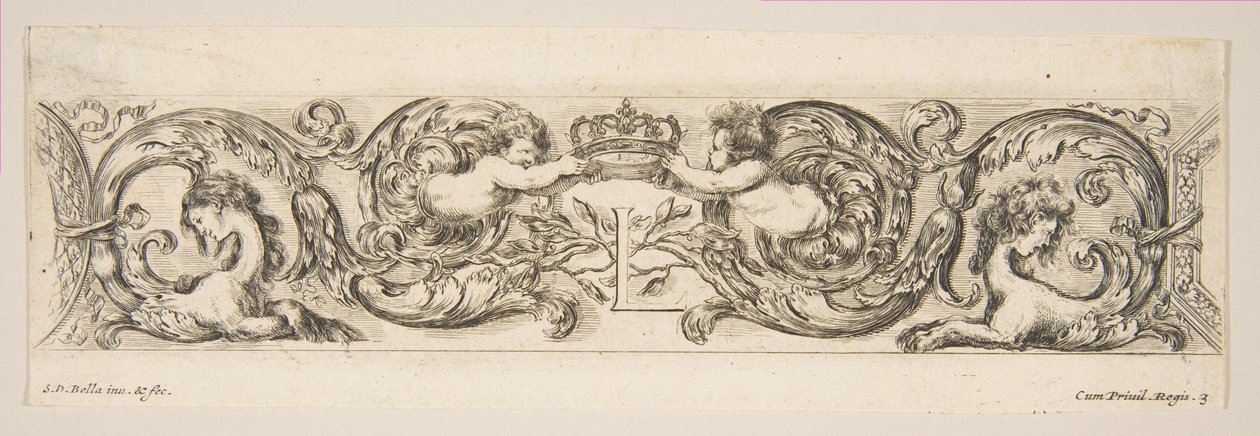 Rinceaux ja kaksi lasta pitelevät kuninkaallista kruunua L-kirjaimen päällä, laatta 3 alkaen: "D..., ca. 1648. tekijältä Stefano della Bella