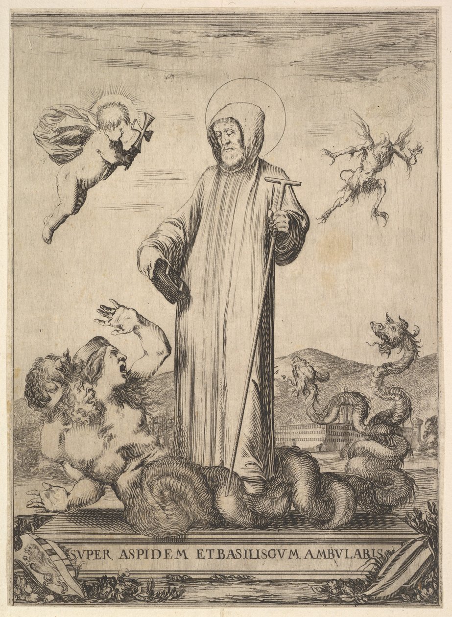Saint Jean Gualbert tallaa hirviötä, jolla on kaksi ihmispäätä ja käärmekeho, kärpänen..., 1640. tekijältä Stefano della Bella
