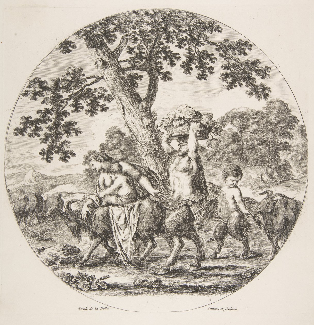 Satyr-perhe kävelee vasemmalle kahden vuohen ja rypälekorin kanssa, n. 1657. tekijältä Stefano della Bella