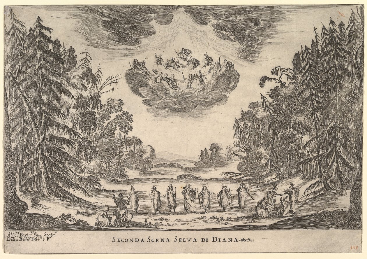 Toinen kohtaus Dianan metsässä jumalten häistä Le nozze degli Dei, 1637. tekijältä Stefano della Bella