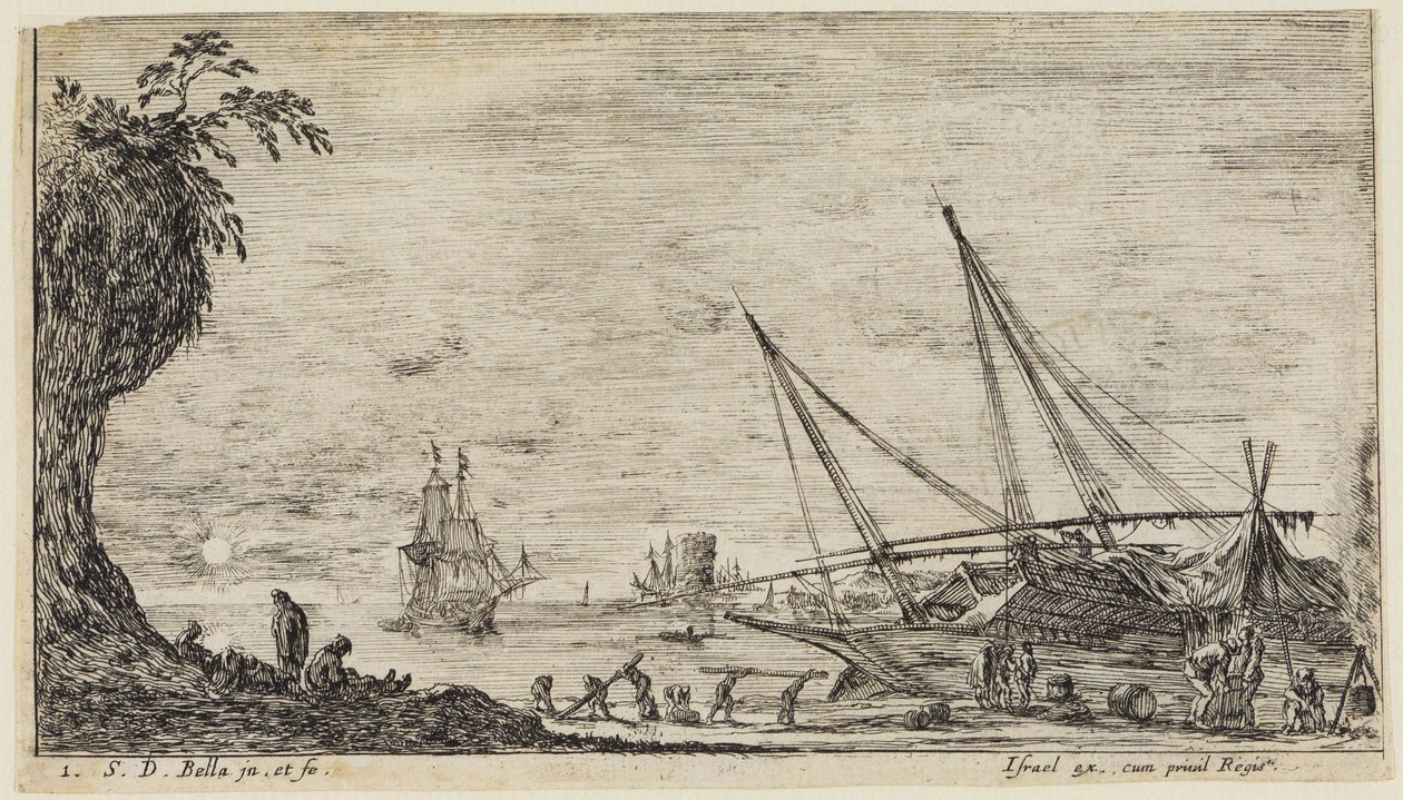 Merimaisemat (Paysages maritimes): Merisatama, jossa merimiehet ja työntekijät kuljettavat puutukkeja tekijältä Stefano della Bella