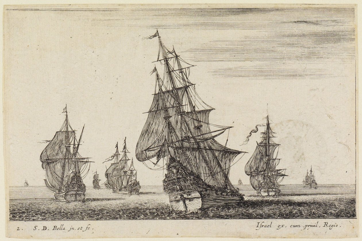 Merimaisemat (Paysages maritimes): Etualalla purjeet nostava alus, taustalla muita aluksia tekijältä Stefano della Bella