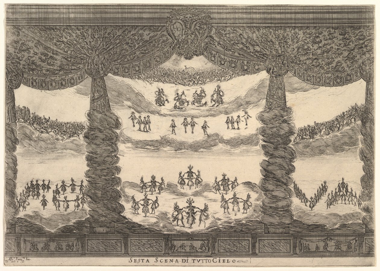 Kuudes kohtaus, taivaat, jumalten häät Le nozze degli Dei, 1637. tekijältä Stefano della Bella