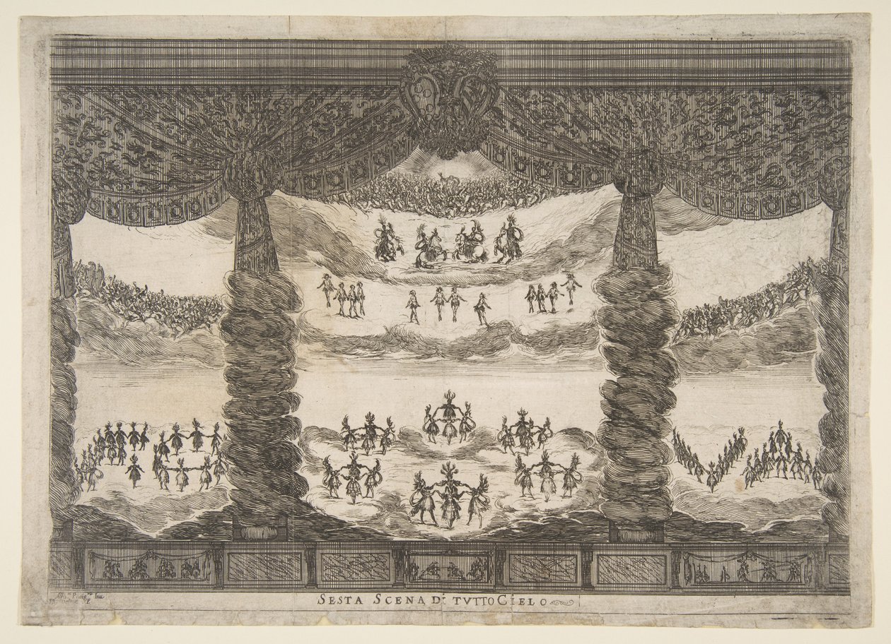 Kuudes kohtaus, taivaat, jumalten häät Le nozze degli Dei, 1637. tekijältä Stefano della Bella